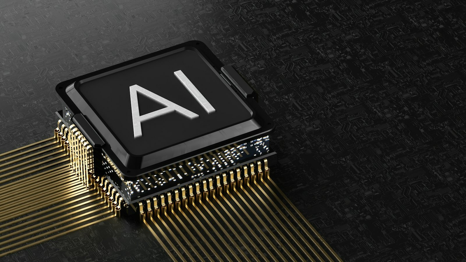 A black computer processor chip with gold pins on a dark circuit board